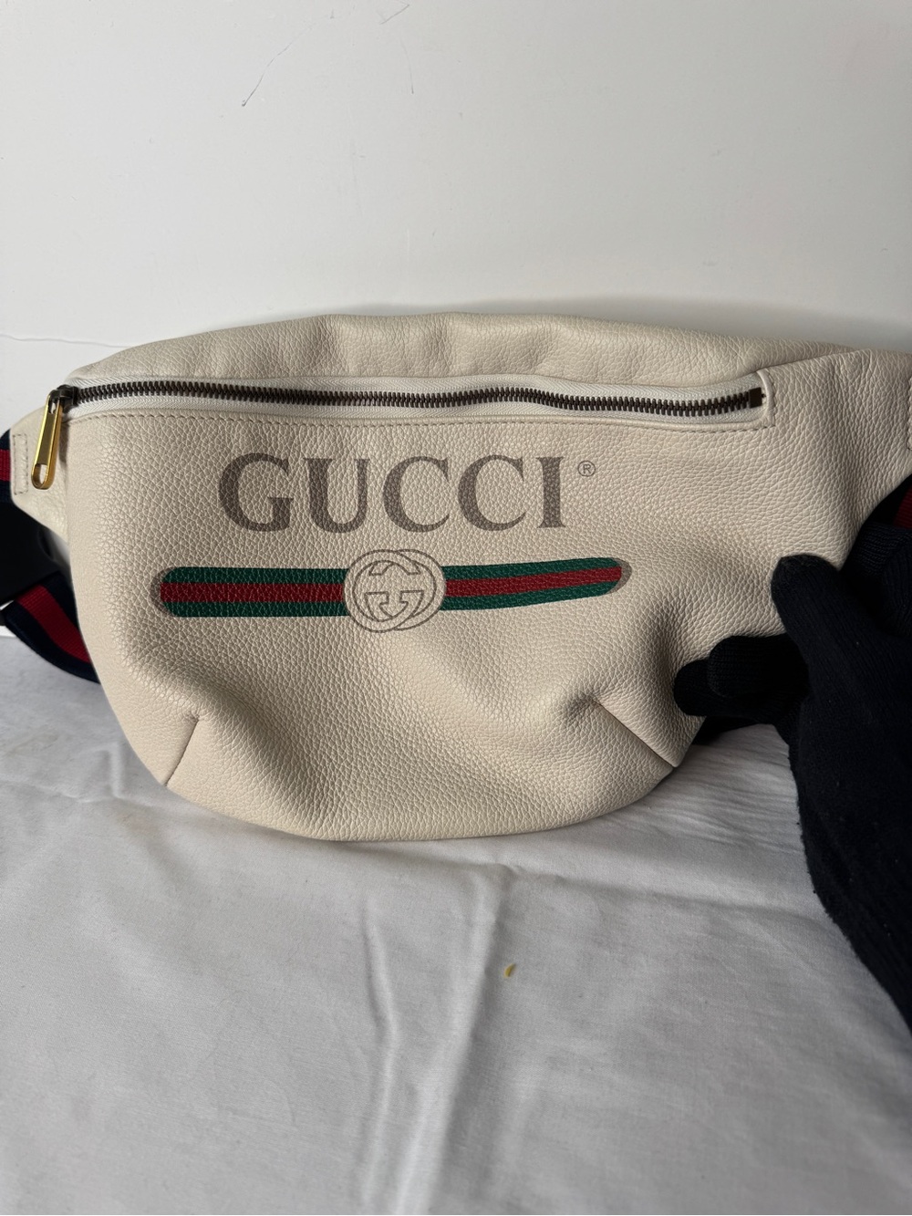 Gucci Cream Leather Belt Bag with Signature Web Stripe